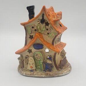 Ceramic Halloween Haunted House/Tea Light Holder/Small 6.5"/Fall Colors‎